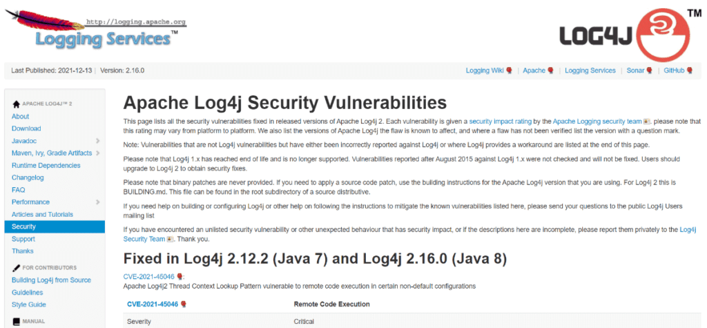 apache fix log4j vulnerabilities security