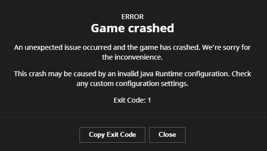 error code 1 minecraft