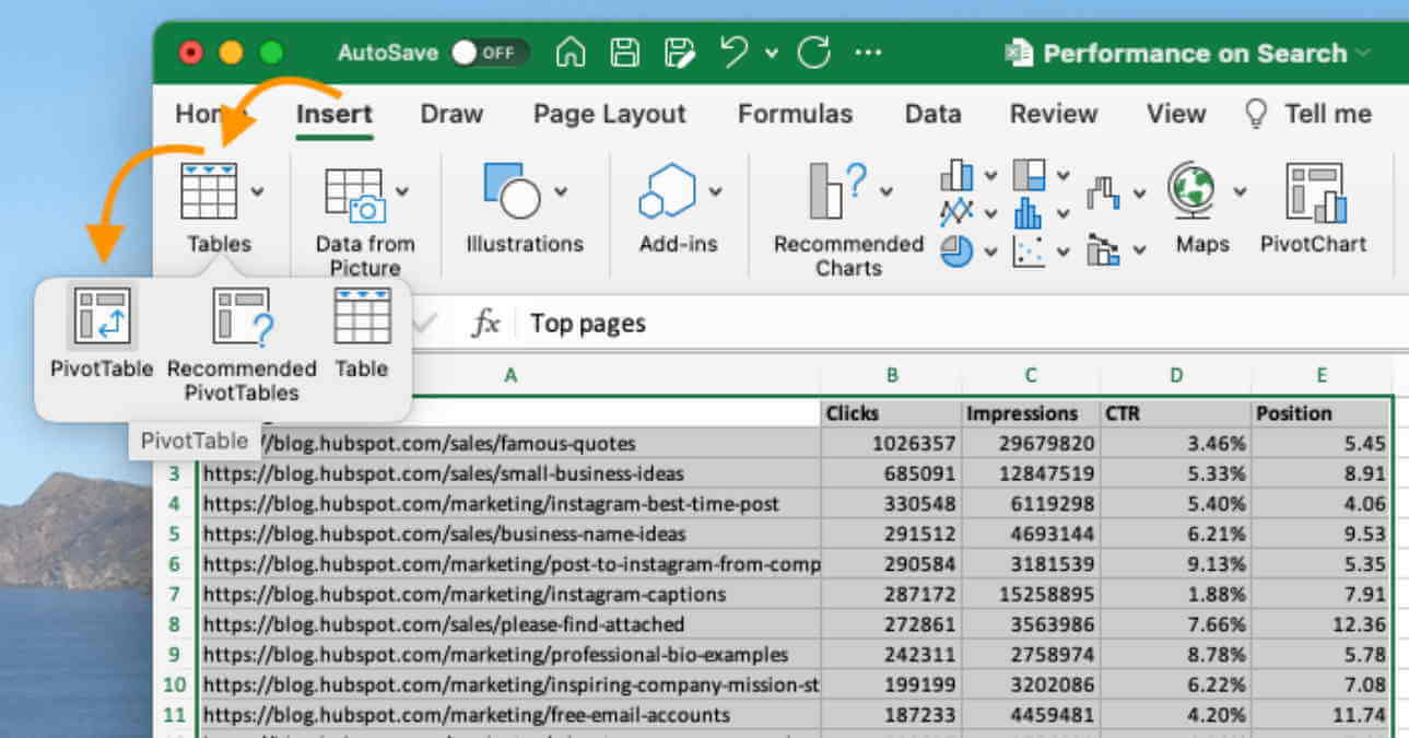 select the pivot option